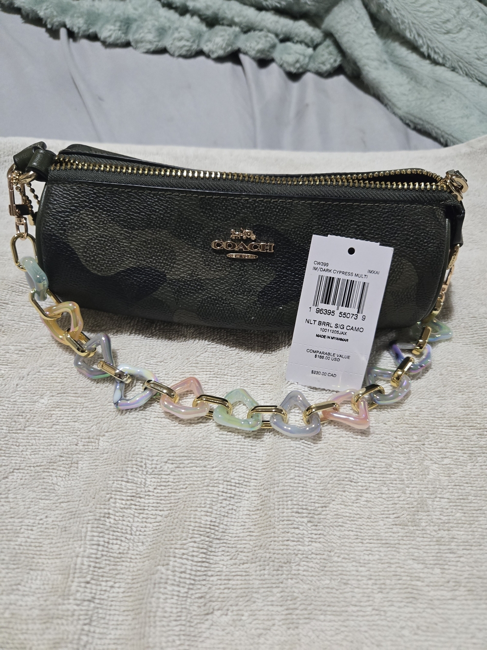 Coach Nolita Barrel Bag in Signature Camo (Dark Cypress) with Iridescent Chain